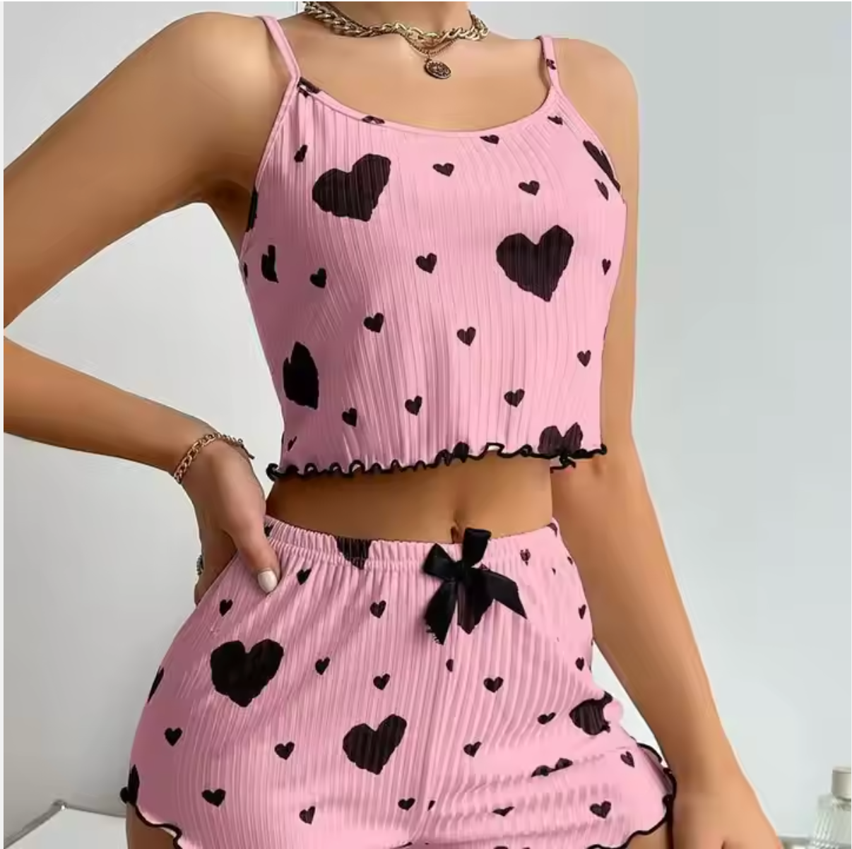 Women’s Heart Print Pajama Set – Cute 2-Piece Sleepwear Loungewear in Blue, Pink, Black & Red