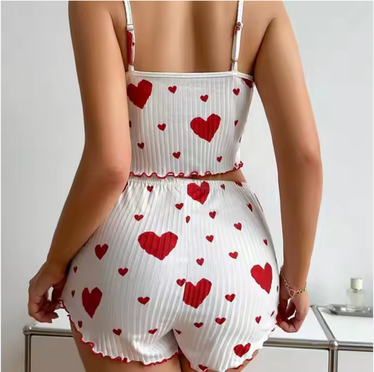 Women’s Heart Print Pajama Set – Cute 2-Piece Sleepwear Loungewear in Blue, Pink, Black & Red