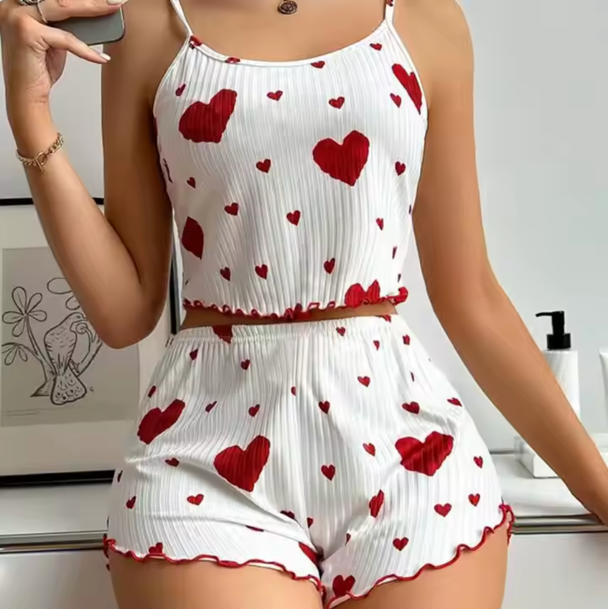 Women’s Heart Print Pajama Set – Cute 2-Piece Sleepwear Loungewear in Blue, Pink, Black & Red