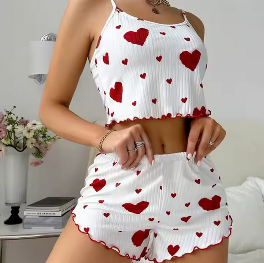 Women’s Heart Print Pajama Set – Cute 2-Piece Sleepwear Loungewear in Blue, Pink, Black & Red
