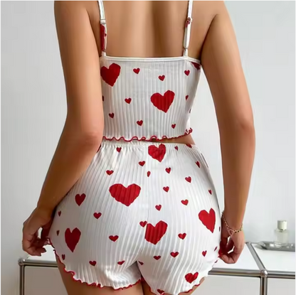 Women’s Heart Print Pajama Set – Cute 2-Piece Sleepwear Loungewear in Blue, Pink, Black & Red