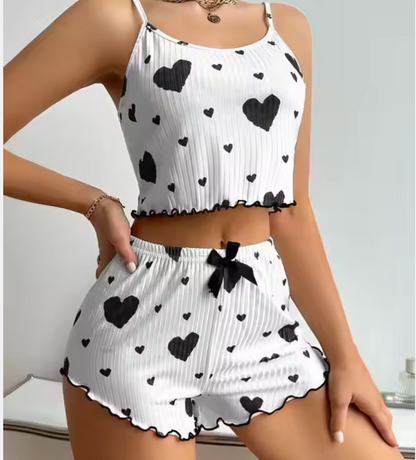 Women’s Heart Print Pajama Set – Cute 2-Piece Sleepwear Loungewear in Blue, Pink, Black & Red