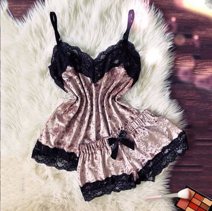 Velvet Sexy Lingerie Set – Women’s Cami & Shorts Sleepwear in Red, Purple, Green, Blue, Grey & Pink
