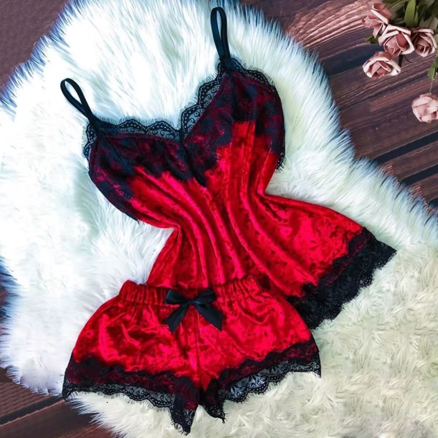 Velvet Sexy Lingerie Set – Women’s Cami & Shorts Sleepwear in Red, Purple, Green, Blue, Grey & Pink