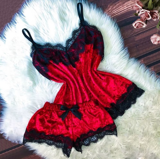 Velvet Sexy Lingerie Set – Women’s Cami & Shorts Sleepwear in Red, Purple, Green, Blue, Grey & Pink