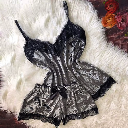 Velvet Sexy Lingerie Set – Women’s Cami & Shorts Sleepwear in Red, Purple, Green, Blue, Grey & Pink
